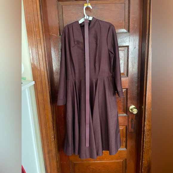 Burgundy Glen Check Swing Dress with Matching Belt - Picture 2 of 5